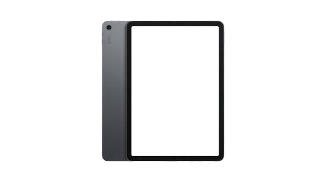 Modern dark grey tablet with an empty green screen for mockup, showcasing its sleek design and rear camera, perfect for app display. background removed