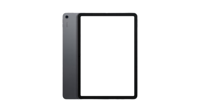 Modern dark grey tablet with an empty green screen for mockup, showcasing its sleek design and rear camera, perfect for app display. background removed