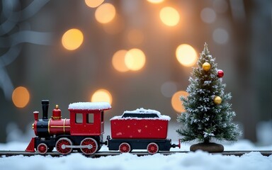 Red toy train and Christmas tree in snow on blurred lights background. Concept for Christmas, New Year, winter holidays. Banner with copy space. Christmas festive composition. High quality