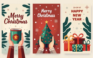 Merry Christmas and Happy New Year set greeting cards, posters, holiday covers. Trendy modern design flyers with hands holding Christmas tree toy,hot drink, christmas pattern and gifts. Vector