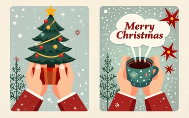 Merry Christmas and Happy New Year set greeting cards, posters, holiday covers. Trendy modern design flyers with hands holding Christmas tree toy,hot drink, christmas pattern and gifts. Vector