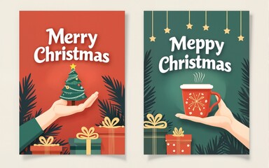 Merry Christmas and Happy New Year set greeting cards, posters, holiday covers. Trendy modern design flyers with hands holding Christmas tree toy,hot drink, christmas pattern and gifts. Vector