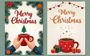Merry Christmas and Happy New Year set greeting cards, posters, holiday covers. Trendy modern design flyers with hands holding Christmas tree toy,hot drink, christmas pattern and gifts. Vector
