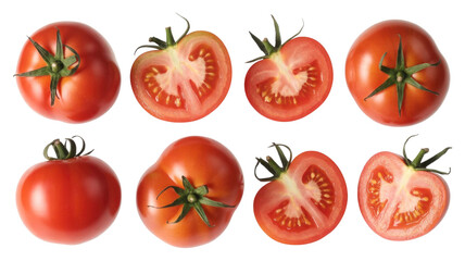A vibrant collection of whole and halved red tomatoes showcasing fresh produce on a solid transparent background, perfect for culinary use. background removed