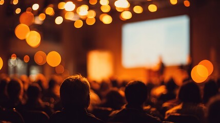 Rear view of crowd sitting in dark auditorium listening to speaker with blurred warm orange bokeh lights and large projection screen conference seminar or live event atmosphere