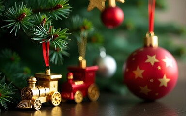 Tree pine green christmas merry xmas ball shiny red golden star gift train gift box object happy new year 2024 2025 2026 time season winter december surprise wrapping lifestyle holiday event party toy