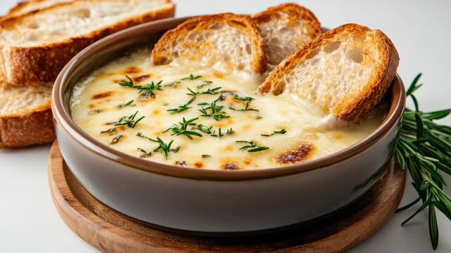 Creamy baked cheese dip with toasted bread slices, cheesy baked dip and creamy melted cheese dip