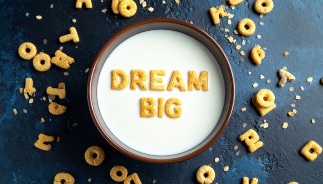 "Dream big" cereal letters in milk bowl on navy background