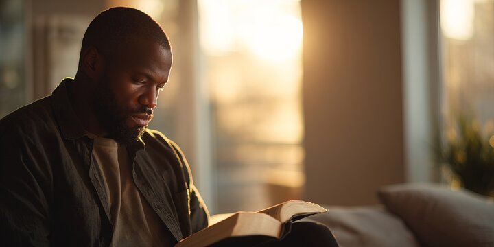 Close-up of an African American man intently reading the Bible illuminated by soft warm golden light at sunset filtering through a window in a cozy living room