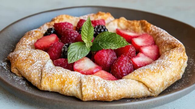 Berry galette pastry with raspberries strawberry blackberry and mint, rustic mixed fruit galette