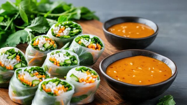 Fresh vegetable rice roll and rice paper spring roll with carrot filling and peanut sauce