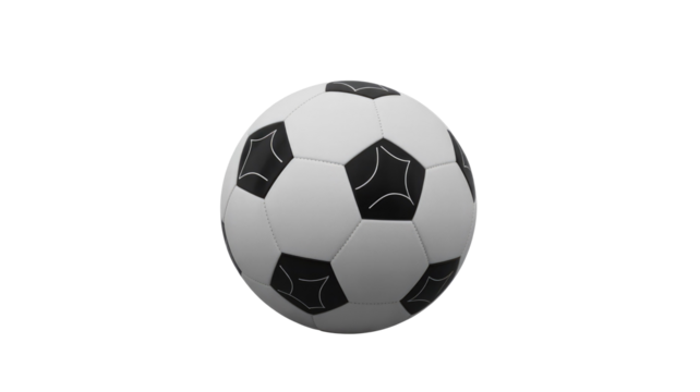 Classic black and white soccer ball with intricate white line patterns on its black panels, rendered against a plain green backdrop. background removed