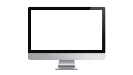 A sleek silver and black desktop monitor with a blank white screen and camera, set against a transparent background. background removed