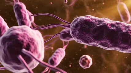 Detailed Microscopic View of Salmonella Bacteria with Flagella in Motion A Medical Animation Showcasing Bacterial Structure and Motility for Educational and Scientific Purposes.