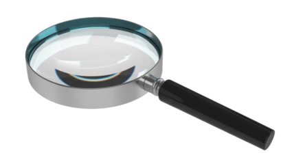 A detailed 3D render of a magnifying glass with a reflective chrome frame, clear lens, and black handle, perfect for search or discovery concepts. background removed