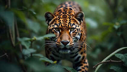 Obraz premium Close view of jaguar in nature. Wild cat walks through green thicket. Jaguar animal prowls in jungle. Feline watches with piercing look. Rare exotic predator. Conservation photo for environment