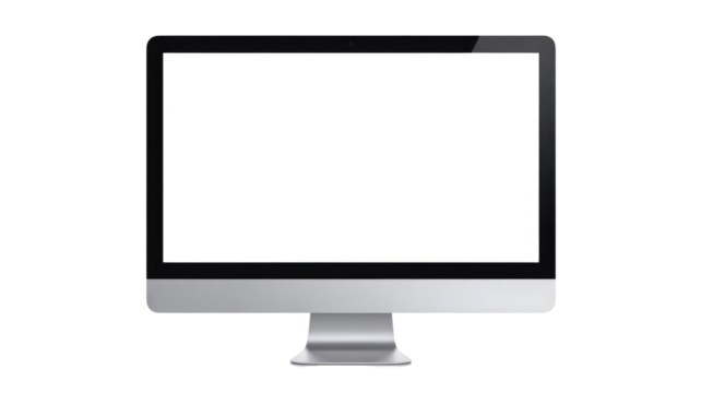 A sleek silver and black desktop monitor with a blank white screen and camera, set against a transparent background. background removed - Powered by Adobe