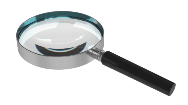 A detailed 3D render of a magnifying glass with a reflective chrome frame, clear lens, and black handle, perfect for search or discovery concepts. background removed