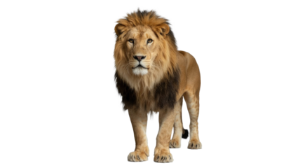 A majestic male lion with a full, dark and golden mane stands front-facing, looking directly at the viewer on a transparent background. background removed
