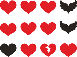 Vector heart icons set solid outline broken symbols for love and romance graphics