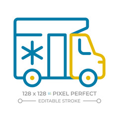 Refrigerated delivery truck pixel perfect two color line icon. Transport goods, cold chain. Cold vehicle bicolor outline symbol. Duotone linear pictogram. Isolated illustration. Editable stroke
