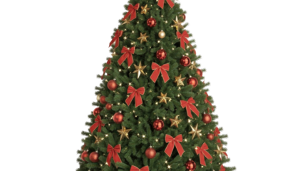 A festive Christmas tree adorned with bright red bows, shiny golden stars, and sparkling red ornaments, illuminated by warm white fairy lights. background removed