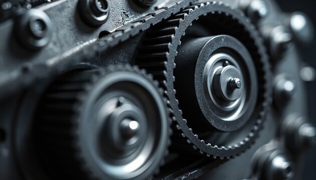 Close up shows automotive engine timing belt on industrial pulleys. Complex mechanical tech mechanism connects internal gears for power. Modern car machine operates efficiently. Precision engineering