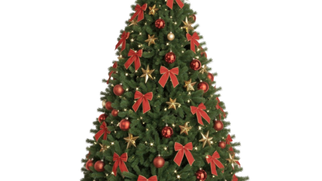 A festive Christmas tree adorned with bright red bows, shiny golden stars, and sparkling red ornaments, illuminated by warm white fairy lights. background removed