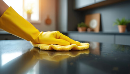 Woman hand in yellow rubber glove cleans dark kitchen counter surface with a yellow microfiber cloth. Sunlight brightens a modern home interior. She does daily routine housework for sanitation.