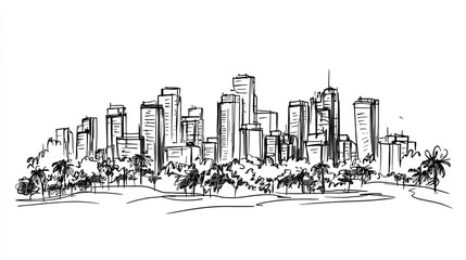 Accra Skyline 2D Doodle Illustration Front View Black White Isolated Background