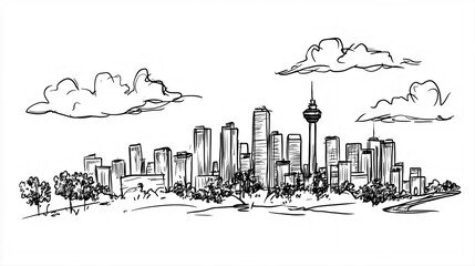Addis Ababa Skyline 2D Doodle Illustration Front View Black White Isolated Background