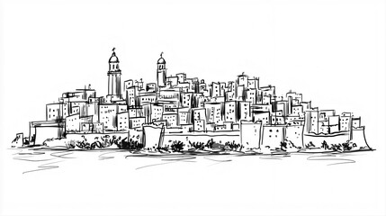 Algiers Skyline 2D Doodle Illustration Front View Black White Isolated Background