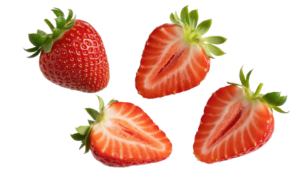 One whole ripe red strawberry and three vibrant halves showcasing juicy flesh and green stems, ready for a healthy, delicious snack. background removed