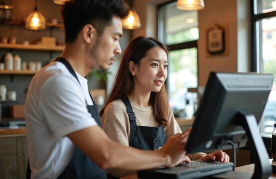 Asian man teaches woman to use register in cafe. Owners manage small family business using pc. Young employee learns checkout system to process customer orders.