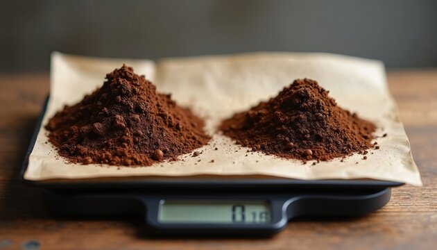 Two coffee powder piles on paper sit on kitchen digital scale. One pile clearly smaller than, showing product quantity reduction. Highlights shrinkflation cost cutting by manufacturers for morning