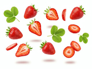 An image of strawberries floating against a professional-quality white background.