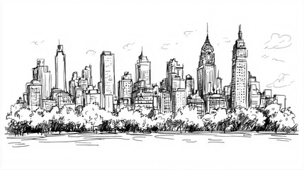 Buenos Aires Skyline 2D Doodle Illustration Front View Black White Isolated Background