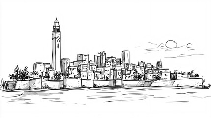 Casablanca Skyline 2D Doodle Illustration Front View Black White Isolated Background