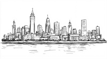 Cairo Skyline 2D Doodle Illustration Front View Black White Isolated Background