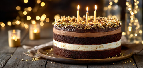 chocolate birthday cake on a rustic wooden table, decorated with gold sprinkles and flickering candles, surrounded by soft bokeh lights.