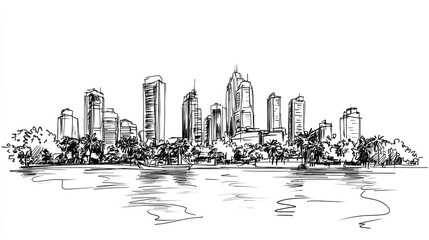 Colombo Skyline 2D Doodle Illustration Front View Black White Isolated Background