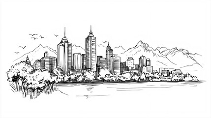 Christchurch Skyline 2D Doodle Illustration Front View Black White Isolated Background