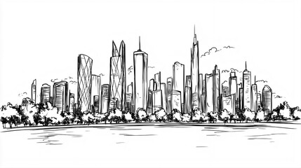 Doha Skyline 2D Doodle Illustration Front View Black White Isolated Background