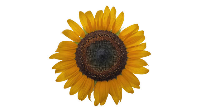 A vibrant yellow sunflower with a prominent dark seed head, centrally positioned against a solid transparent background, showcasing its full bloom. background removed