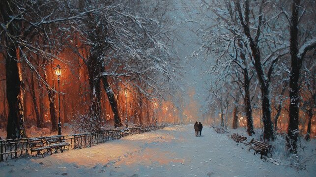 Winter city park or boulevard covered with snow with two figures walking along path, old lanterns casting deep orange and red light on snowy trees and benches, atmospheric oil painting