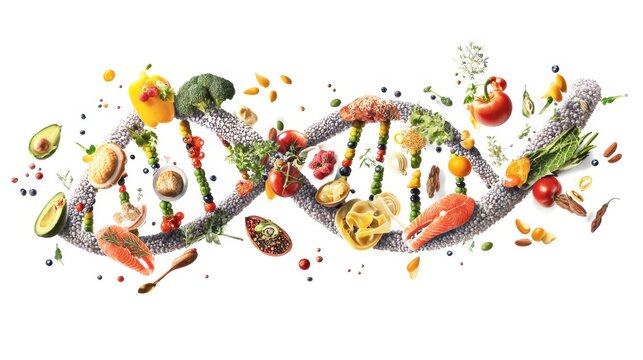 DNA strand made of various fresh vegetables, fruits, nuts, and pasta, symbolizing healthy nutrition and epigenetic food science with vibrant colors and natural ingredients