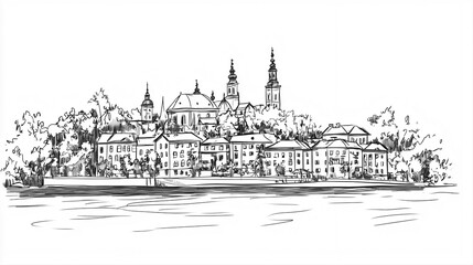 Naklejka premium Ljubljana Skyline 2D Doodle Illustration Front View Black White Isolated Background