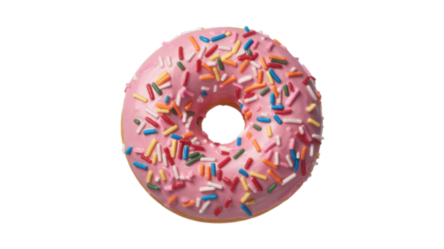 A delicious pink frosted donut adorned with colorful rainbow sprinkles, isolated against a vibrant transparent background, perfect for a sweet treat. background removed - Powered by Adobe