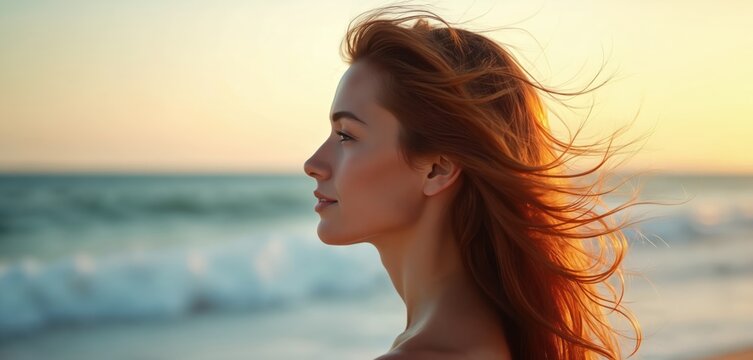 Young woman with red hair looks at the ocean waves. Evening sun lights her face and hair. She stands on the beach feeling calm and peaceful. Nature seascape captures serene golden hour beauty. - Powered by Adobe