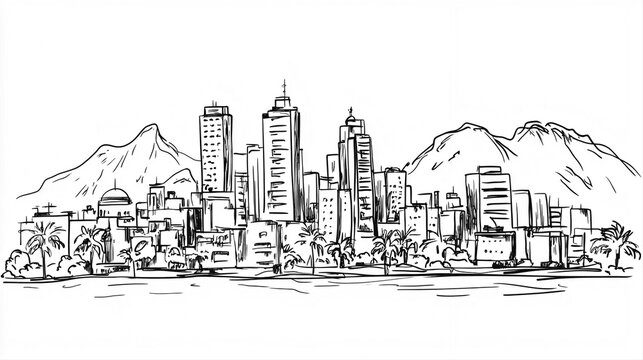 Lima Skyline 2D Doodle Illustration Front View Black White Isolated Background